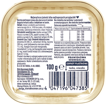 Tył złotego opakowania karmy mokrej Winston Deluxe dla kotów z kurczakiem i indykiem, ze składem, 100g.