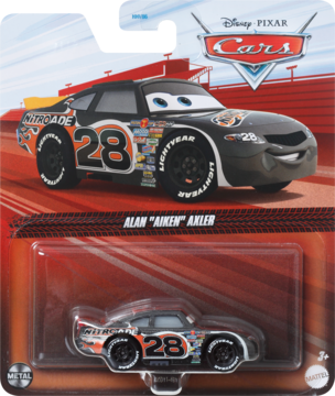Czarny samochodzik Alan Axler #28 Mattel Cars w opakowaniu blister, widok z przodu, z dużym zdjęciem auta.