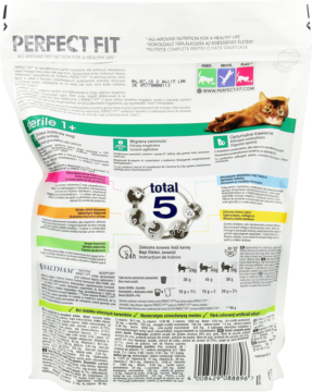 Tył białej torebki karmy Perfect Fit Sterile 1+ z kurczakiem dla kotów, z formułą Total 5 i danymi o składzie.