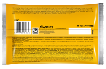 Tył żółto-pomarańczowego opakowania mokrej karmy PEDIGREE® Adult 4x 100g. Widoczny kod kreskowy, logo WALTHAM.