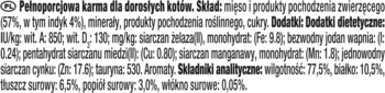 Etykieta karmy dla dorosłych kotów GOURMET Gold Mus Indyk, szczegóły składu analitycznego i dodatków dietetycznych.