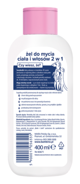 Tył białej butelki żelu Bambino 2w1 do mycia ciała i włosów z różową nakrętką, widocznym tekstem i kodem kreskowym.