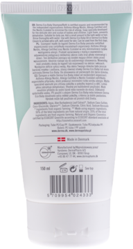 Tył białej tuby Derma Eco Baby Szampon/Mydło do kąpieli z widoczną listą składników i certyfikatami.