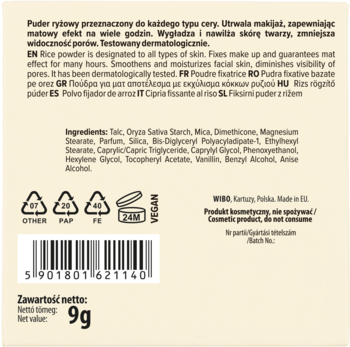 Tył beżowego opakowania pudru ryżowego Lovely Fix & Matte, ze składnikami, kodem kreskowym i wagą netto 9g.