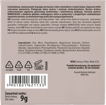 Tył opakowania matowego pudru brązującego z kakao 9g, widoczne składniki, opis, kod i masa netto.