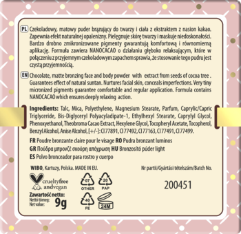 Tył opakowania matowego pudru brązującego WIBO Nanocacao 9g, z listą składników na różowym tle.