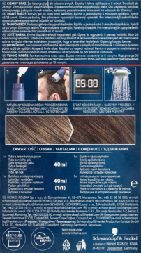 Tył opakowania Schwarzkopf Men Perfect Dark Brown, żelu koloryzującego, z instrukcją użycia i danymi produktu.