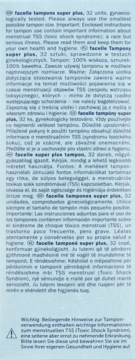 Niebiesko-białe opakowanie tamponów Facelle Super Plus, 32 sztuki, z tekstem, widok z przodu na produkt.