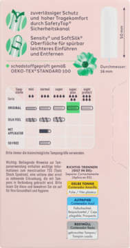 Tył zielono-białego opakowania tamponów, tabela chłonności z zaznaczonym poziomem 'super plus', wymiary 50x16mm.