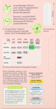 Tył opakowania Facelle Tamponów super plus. Schemat rozmiarów z super i certyfikat OEKO-TEX.