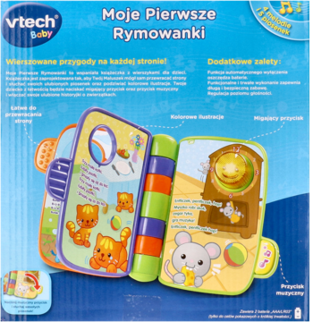 Vtech Baby Moje Pierwsze Rymowanki, otwarta interaktywna książeczka w opakowaniu, z kolorowymi ilustracjami.