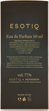 Tył czarnego opakowania perfum damskich ESOTIQ Eau de Parfum 50 ml, ze składnikami i adresem producenta.