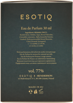 Tył ciemnego opakowania perfum ESOTIQ Eau de Parfum 30 ml ze składem, przeznaczeniem i pojemnością.