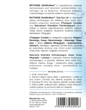 Tył opakowania Biotaniqe Multi BioMask Total Eye Lift, białe tło z opisem składu i barkodem.