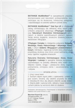 Tył opakowania Biotaniqe Multi BioMask Total Eye Lift, odmładzającej maski pod oczy, z opisem składników.