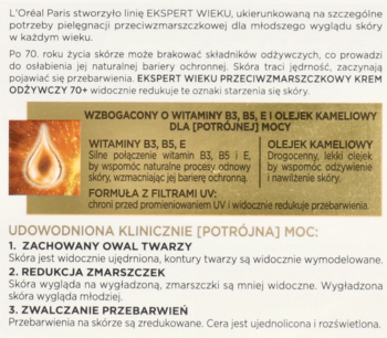 Fragment opakowania kremu L'Oréal Ekspert Wieku 70+ z opisem działania, składników i klinicznych dowodów.