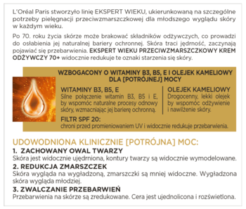 Infografika L'Oréal Ekspert Wieku 70+ krem na dzień SPF 20, z witaminami i olejkiem kameliowym, złota kropla.