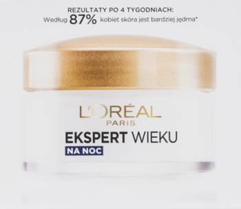 Słoik kremu L'Oréal Ekspert Wieku Na Noc, białe opakowanie ze złotą zakrętką, napis 87% jędrniejsza skóra.