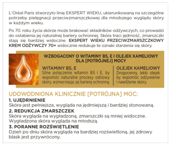 Infografika L'Oréal Ekspert Wieku 70+. Opisuje krem na noc: skład z witaminami, olejkiem kameliowym i jego potrójną moc.