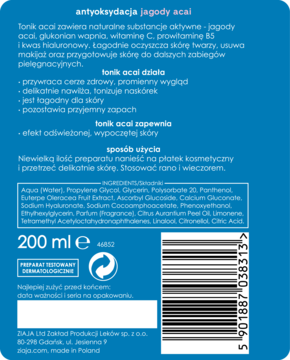 Tył ciemnoniebieskiej butelki toniku acai 200ml, z białym tekstem, kodem kreskowym i opisem składu/działania.