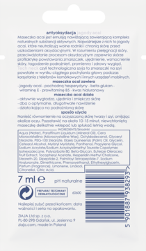 Maseczka do twarzy Acai 7ml w białej saszetce, tył z instrukcją, składem i kodem kreskowym.