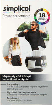 Białe opakowanie barwnika Simplicol, płynnego, 18 kolorów, z ilustracjami farbowania odzieży.