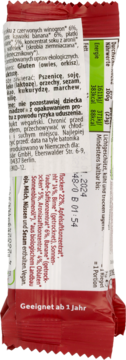 Czerwony batonik zbożowo-owocowy, widok z tyłu, biała etykieta ze składem (banan, winogrono, aronia).
