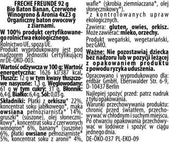 Etykieta batonu zbożowo-owocowego FRECHE FREUNDE Bio Banan, Winogrono, Aronia. Wegański, bez GMO.