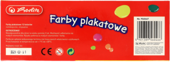 Tył czerwonego opakowania farb plakatowych Herlitz z kodem kreskowym, datą 2021-02-11, CE i kolorowymi kropkami.