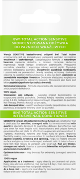 Biała odżywka 8w1 Total Action Sensitive Intensive Nail Conditioner na etykiecie z opisem.