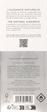 Tył opakowania Issey Miyake L'ELEGANCE NATURELLE. Widoczna lista składników, kod QR, kod kreskowy i symbol łatwopalności.