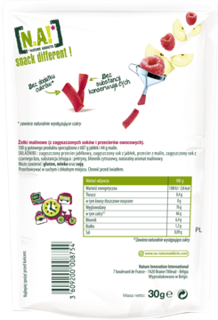 Tył białej torebki żelków malinowych N.A! z informacją "bez dodatku cukrów" i tabelą wartości odżywczych.