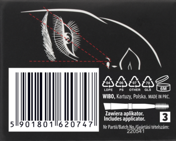 Tył opakowania wodoodpornej pomady do brwi Wibo Black Brown, z kodem kreskowym i białą ilustracją oka.