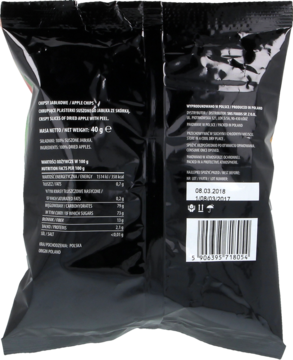 Czarny tył opakowania chipsów jabłkowych Leo dried fruits z widocznymi danymi odżywczymi i kodem kreskowym.
