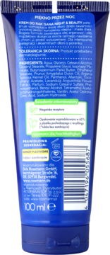 Tył tubki niebieskiego kremu do rąk Isana Night & Beauty 100 ml, z listą składników i kodem kreskowym.