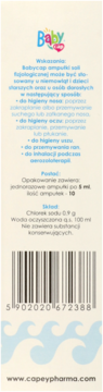 Tył jasnobeżowego opakowania Babycap sól fizjologiczna 10x5ml do nosa i oczu, z polskim opisem i kodem kreskowym.