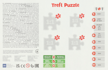 Tył opakowania Trefl Puzzle, beżowe tło z instrukcjami, symbolami wieku i ekologicznymi certyfikatami.