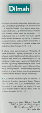 Tył opakowania czarnej herbaty Dilmah Mandarin, z logo i opisami w językach PL, LT, DE, AR.