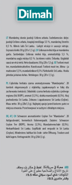 Tył opakowania herbaty Dilmah "Mandarin" z opisem w kilku językach, 20 torebek czarnej herbaty Cejlon.