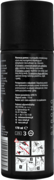 Tył czarnego aerozolu VACO Strong DEET na owady, z polskim tekstem i piktogramami użycia, 170 ml.