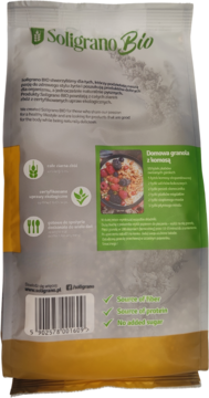 Tył opakowania Soligrano Bio białej komosy ekspandowanej. Biała torebka z zielonym logo, tekstem o bio uprawie i zaletach.