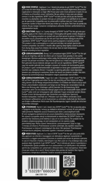 Tył czarnego opakowania żelu SKYN Excite for Her z wielojęzycznymi instrukcjami i kodem kreskowym.