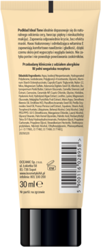 Tył beżowej tubki podkładu Ideal Tone Light Beige 30ml z kwasem hialuronowym. Widoczny skład.