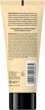 Tył beżowej tubki podkładu Oceanic Ideal Tone 30ml. Widoczny opis o dopasowaniu do cery, kwasie hialuronowym.