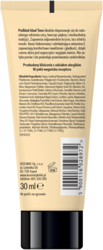 Tył beżowej tubki podkładu OCEANIC Ideal Tone 30 ml, z listą składników i kodem kreskowym.