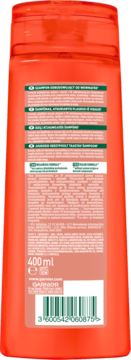 Tył pomarańczowej butelki szamponu Garnier Odbudowującego 400ml z etykietą składników i kodem kreskowym.