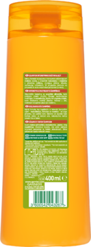 Tył pomarańczowej butelki szamponu Garnier Fructis Oil Repair 3 Butter 400 ml z zielono-białą etykietą i kodem kreskowym.