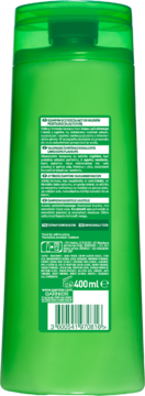 Tył zielonego szamponu Fructis Fresh z ogórkiem, 400ml. Widoczne etykiety z opisem i kodem kreskowym.