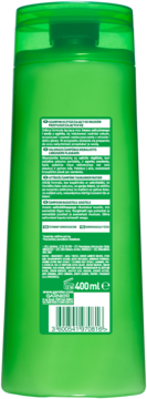 Tył zielonej butelki szamponu Fructis Fresh 400 ml, bez silikonów, z ekstraktem z ogórka, z listą składników i kodem.