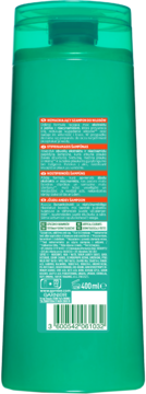 Tył zielonej butelki szamponu Fructis Grow Strong 400ml, widoczne informacje o wzmocnieniu włosów i kod.